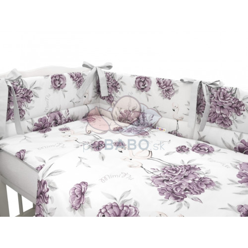 BABY NELLYS 3-dielna sada mantinel s obliečkami, Plameniak, slivková/biela, 135x100