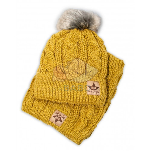 BABY NELLYS Zimná pletená čiapka s brmbolcom + komín, horčica, 52-56cm