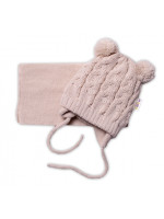 BABY NELLYS Zimná pletená čiapočka s šálom TEDDY - béžová s brmbolcami, vel. 62/68