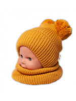 BABY NELLYS Zimná pletená čiapka + nákrčník - horčicová s brmbolcami