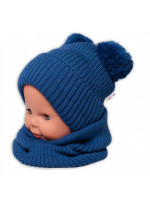 BABY NELLYS Zimná pletená čiapka + nákrčník - granát s brmbolcami