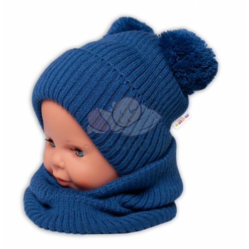 BABY NELLYS Zimná pletená čiapka + nákrčník - granát s brmbolcami