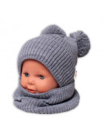 BABY NELLYS Zimná pletená čiapka + nákrčník - sivá s brmbolcami