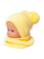 BABY NELLYS Zimná pletená čiapka + nákrčník - žltá s brmbolcami