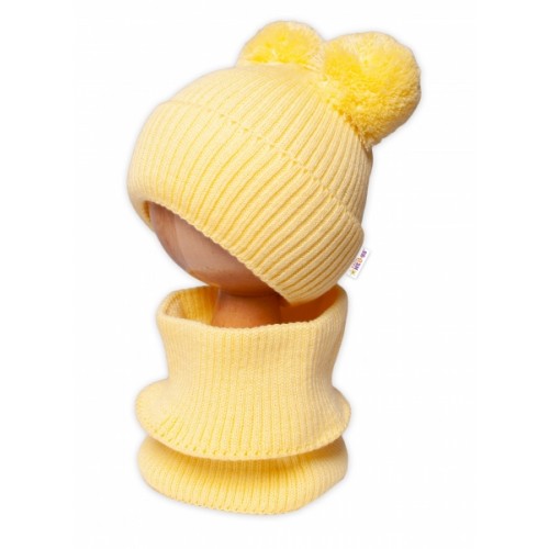 BABY NELLYS Zimná pletená čiapka + nákrčník - žltá s brmbolcami