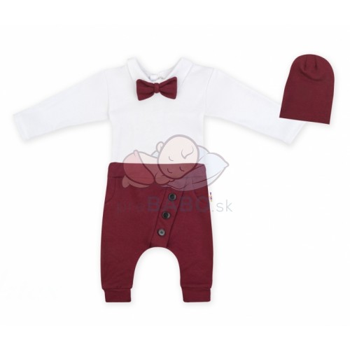 Baby Nellys 3-dielna sada Hubert, body s motýlikom, tepláčiky a čiapočka - bordo, veľ. 98