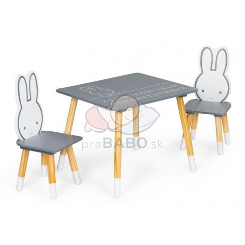 ECO TOYS Detský nábytok, stolček + dve stoličky, Králiček - šedá / biela