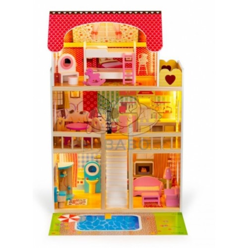 ECO TOYS Drevený domček pre bábiky s nábytkom, bazénom a osvetlením