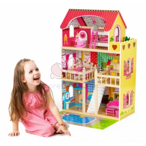 ECO TOYS Drevený domček pre bábiky s nábytkom, bazénom a osvetlením