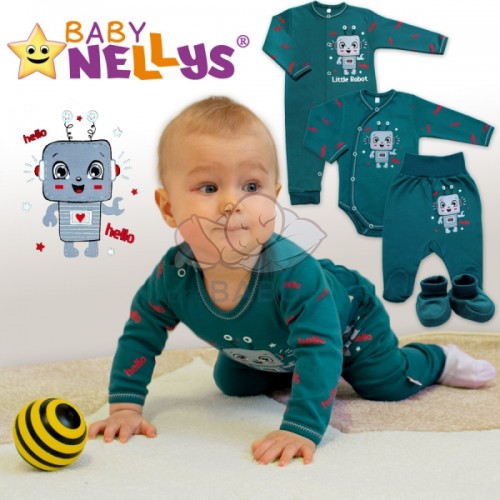 Baby Nellys Bavlnený dojčenský overal bez šľapiek Little Robot, tmavo zelený, veľ. 80