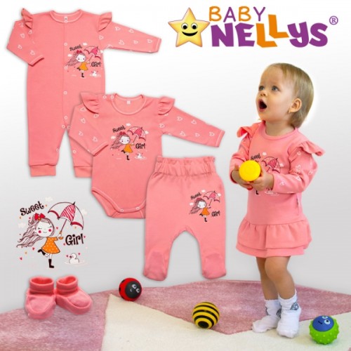 Baby Nellys Bavlnený dojčenský overal bez šľapiek Sweet Girl, losos, marhuľa