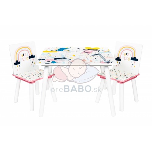 BABY NELLYS Detský nábytok - 3 ks, stôl so stoličkami Dúha - biela