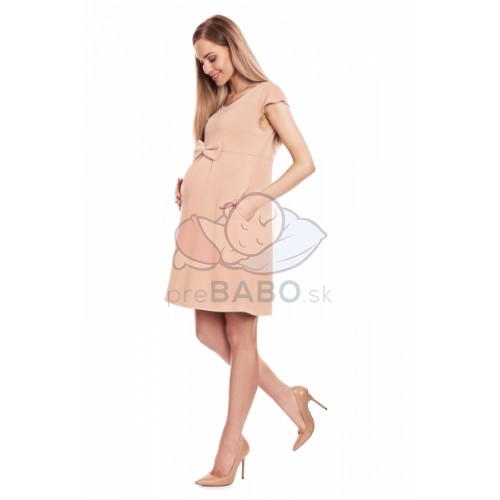 Be MaaMaa Elegantné voľné tehotenské šaty s mašľou, kl. rukáv - béžové