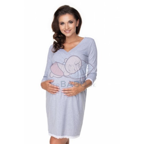 Be MaaMaa Tehotenská, dojčiace nočná košeľa s čipkou, 3/4 rukáv - šedá, veľ. L/XL