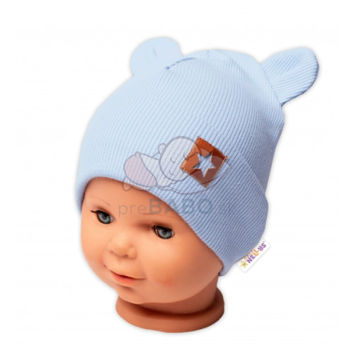 Baby Nellys Rebrovaná dvojvrstvová čiapka s uškami TEDDY - sv. modrá, veľ. 80/86