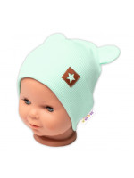 Baby Nellys Rebrovaná dvojvrstvová čiapka s uškami TEDDY - mätová