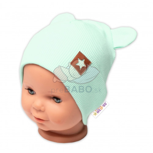 Baby Nellys Rebrovaná dvojvrstvová čiapka s uškami TEDDY - mätová