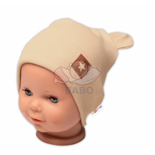 Baby Nellys Rebrovaná dvojvrstvová čiapka s uškami TEDDY - béžová