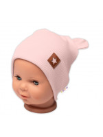 Baby Nellys Rebrovaná dvojvrstvová čiapka s uškami TEDDY - púdrová, veľ. 68/74