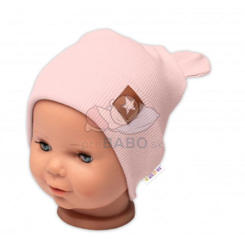 Baby Nellys Rebrovaná dvojvrstvová čiapka s uškami TEDDY - púdrová, veľ. 68/74