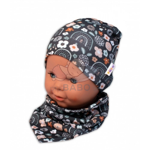 Baby Nellys Dvojvrstvová čiapka + šatka Palouček, grafit, vel. 104/110