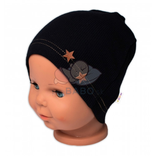 Baby Nellys Rebrovaná čiapka Hviezdičky - čierna, vel. 92/98