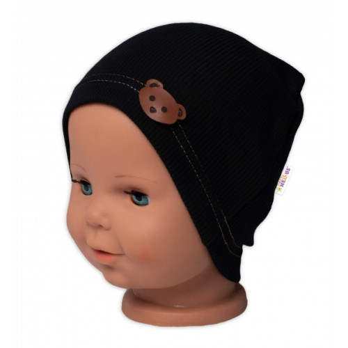 Baby Nellys Rebrovaná čiapka Macko - čierna, veľ. 80/86