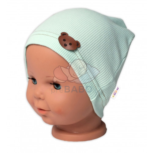 Baby Nellys Rebrovaná čiapka Macko - mätová, veľ. 80/86