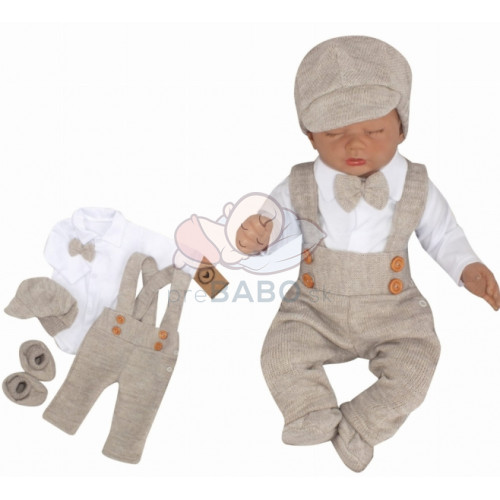 Z&Z 5-dielna pletená sada Boy, body, nohavice, čiapočka motýlik, topánočky, béžová, veľ.68