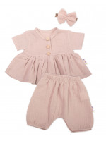 Baby Nellys 3-dielna mušelínová súpravička, tunika/blúzka, kraťasky, čelenka, béžová