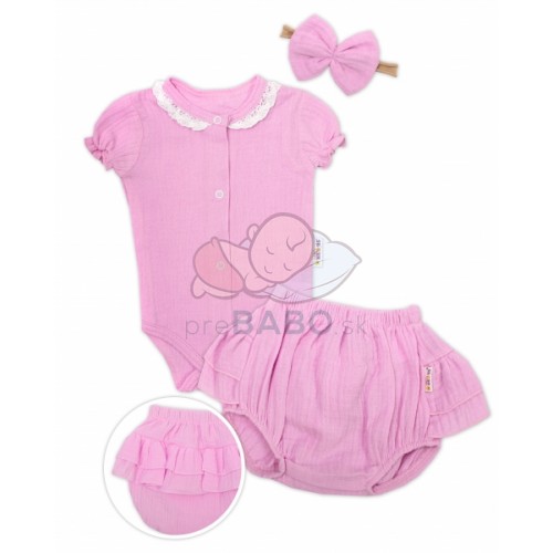 Baby Nellys 3-dielna mušelínová súpravička, body, kraťasky + čelenka GIRL, ružová, veľ. 74