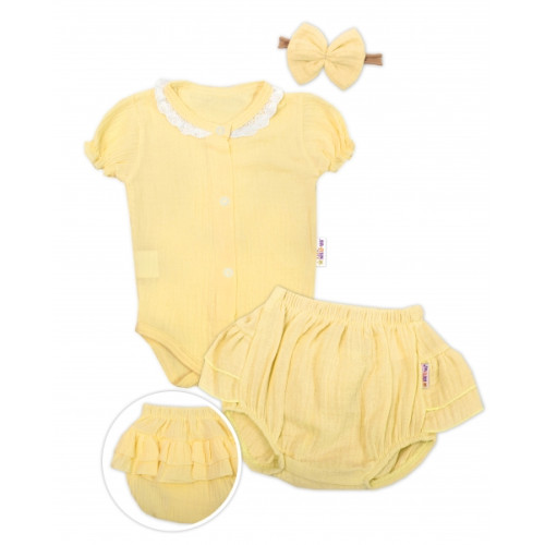 Baby Nellys 3-dielna mušelínová súpravička, body, kraťasky+čelenka GIRL, žltá, veľ. 74