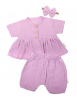 Baby Nellys 3-dielna mušelínová súpr., tunika/blúzka, kraťasky, čelenka, lila, veľ. 86