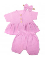 Baby Nellys 3-dielna mušelínová súpr., tunika/blúzka, kraťasky, čelenka, ružová, veľ. 80