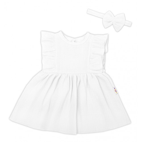 Baby Nellys 2-dielna sada mušelínove šatočky + čelenka, biela, veľ. 68