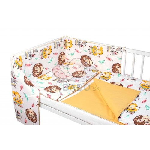 Baby Nellys 3-dielna sada Mantinel s povl. Ježko,Líška, biela s potlač./horčicová, 135x100