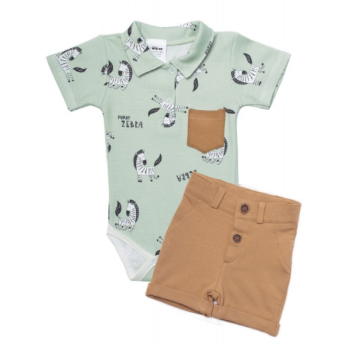 Baby Nellys 2-dielna sada body kr. rukáv, kraťasky, Zebra - mätová, hnedá, veľ. 98