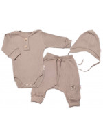 Baby Nellys 3-dielna rebrovaná súpr. Hand Made, body, tepláčiky a čiapočka, béžová, veľ.62