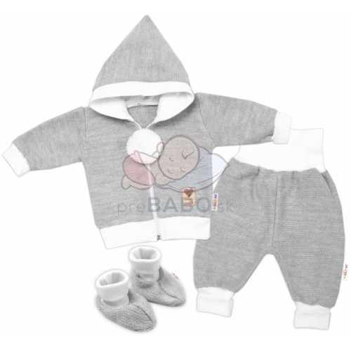 Baby Nellys 3-dielna súprava Hand made, pletený kabátik, kalhoty a topánočky, sivá, veľ.62