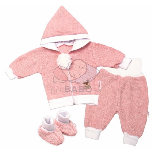 Baby Nellys 3-dielna súprava Hand made, pletený kabátik, kalhoty a topánky, ružová,veľ. 68