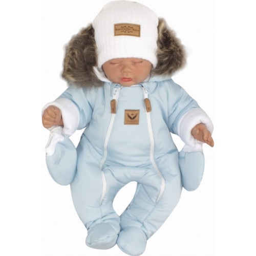 Z&Z Zimná kombinéza s dvojitým zipsom, kapucňou a kožušinou + rukavičky, Angel - modrý