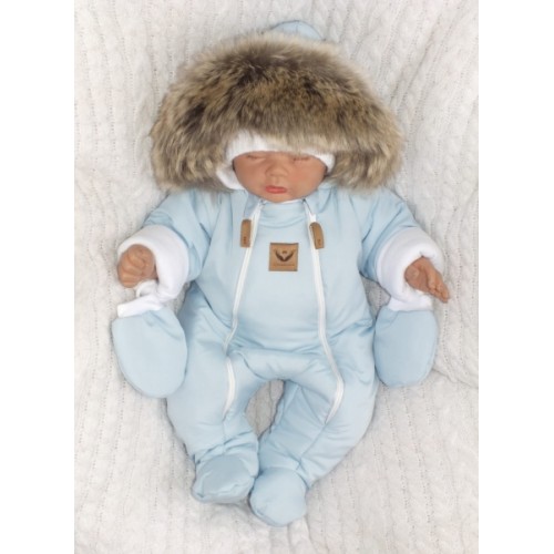 Z&Z Zimná kombinéza s dvojitým zipsom, kapucňou a kožušinou + rukavičky, Angel - modrý, 68