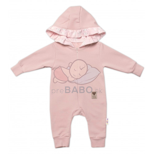 Baby Nellys Teplákový overal s kapucňou a volánikom, New Bunny - púdrová, veľ. 86