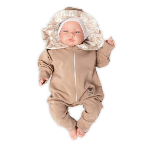 Baby Nellys Teplákový overal s kapucňou a volánikom, New Bunny - cappuccino, veľ. 68