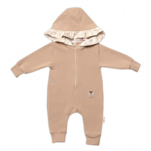 Baby Nellys Teplákový overal s kapucňou a volánikom, New Bunny - cappuccino, veľ. 86