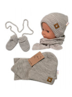 Baby Nellys Pletená čiapka so šálom a rukavičky 3v1, STAR - béžová, veľ. 56/62
