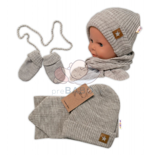 Baby Nellys Pletená čiapka so šálom a rukavičky 3v1, STAR - béžová, veľ. 56/62