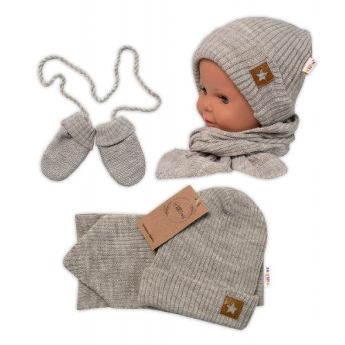 Baby Nellys Pletená čiapka so šálom a rukavičky 3v1, STAR - béžová, veľ. 56/62