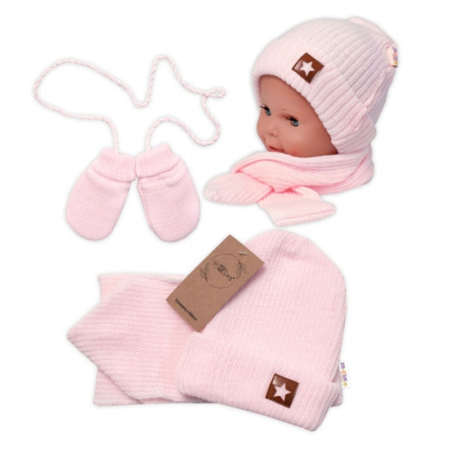 Baby Nellys Pletená čiapka so šálom a rukavičky 3v1, STAR - sv. růžová, 68/74