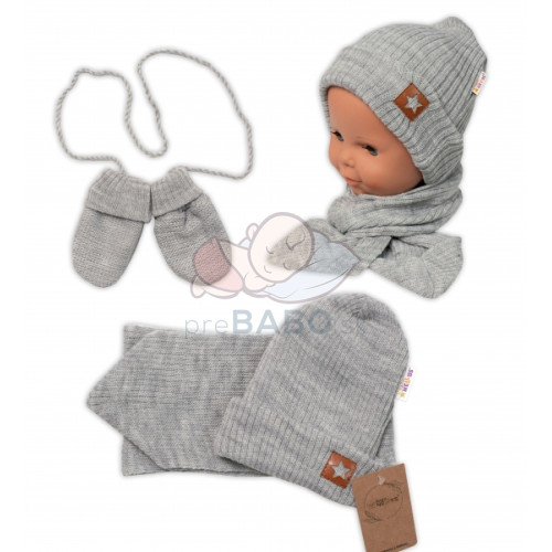 Baby Nellys Pletená čiapka so šálom a rukavičky 3v1, STAR - šedá